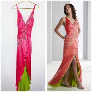 Vintage Y2K Casandra Stone Satin Beaded Embroidered Gown Coral Fairy Size 8